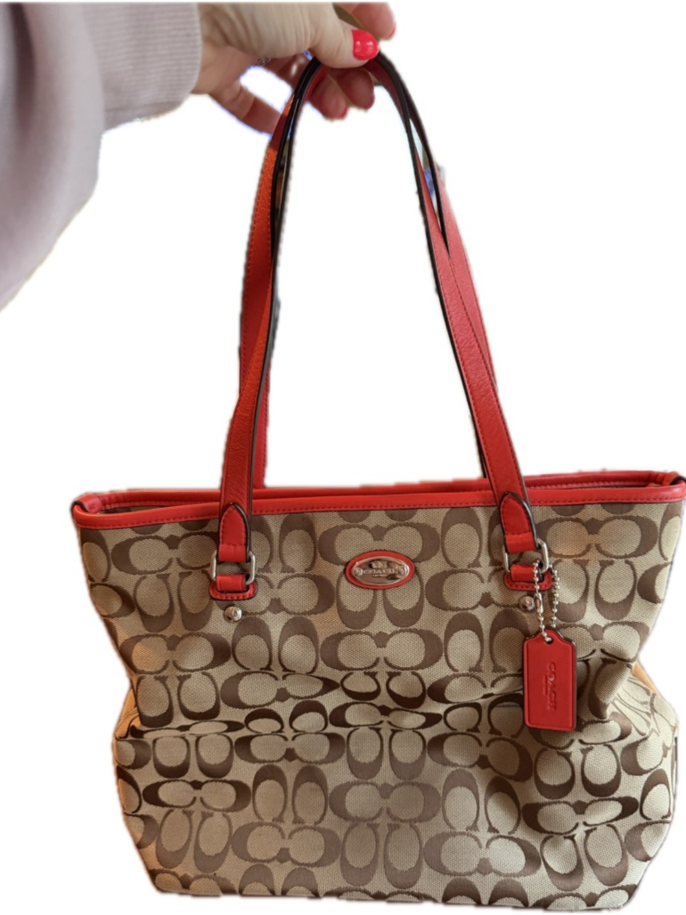Coach Beige Signature Tote with Coral Trim and Handles